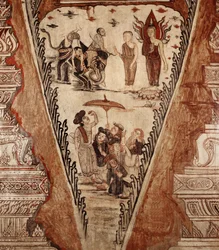 Detail nástěnné malby - Buddha mate heretiky, 1734